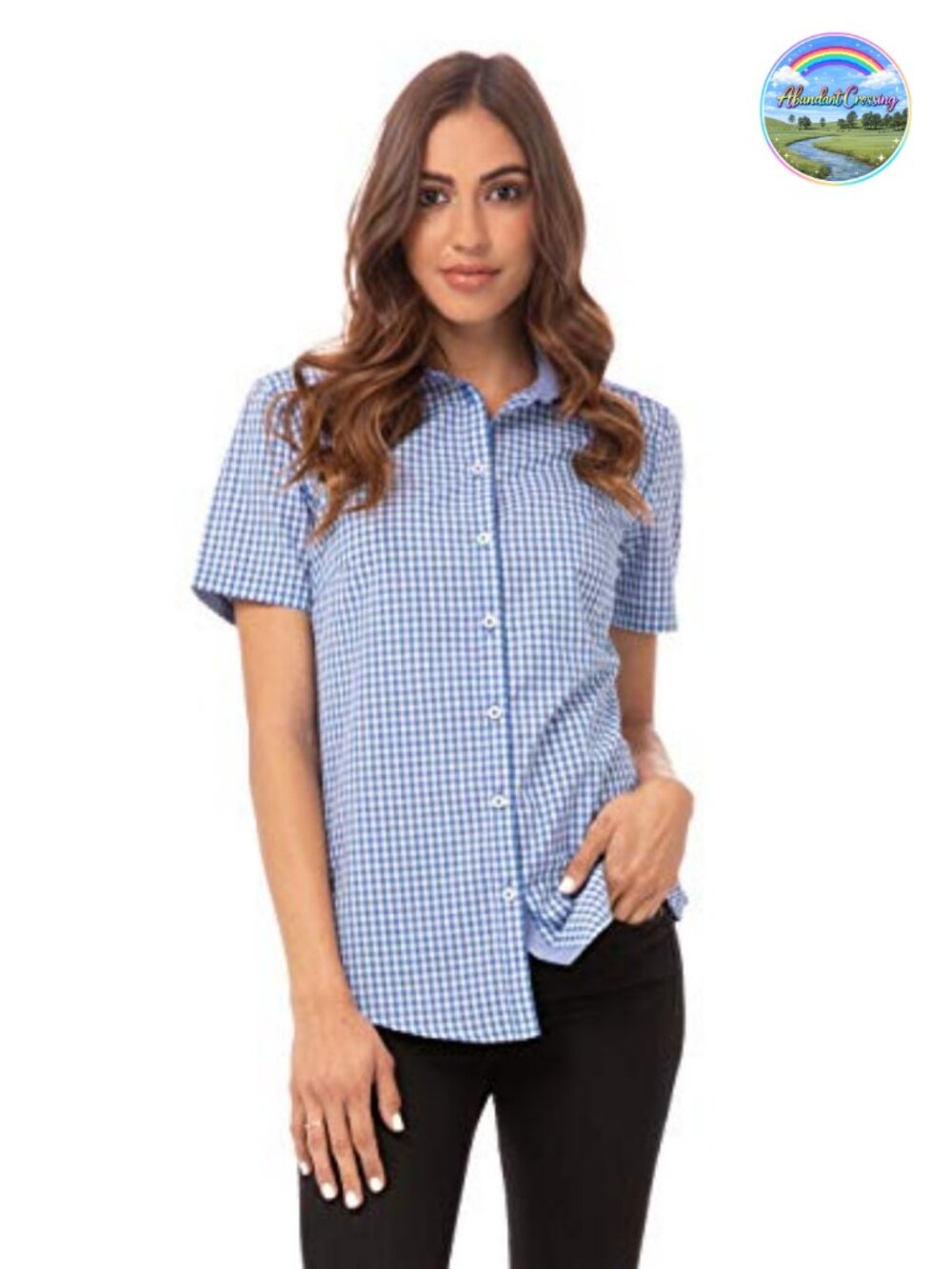 Chef Works Women's Gingham Short Sleeve Button Down Shirt Work Blouse
